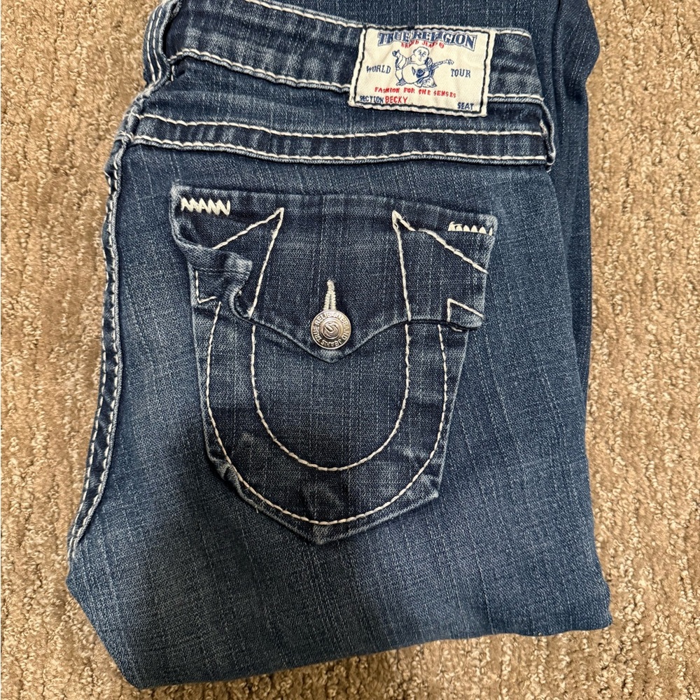 True Religion Women's Dark Blue Denim Jeans - Signature Pocket Stitch